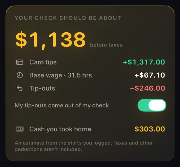 TipKeep pay period estimate: your check should be about $1,138 before taxes