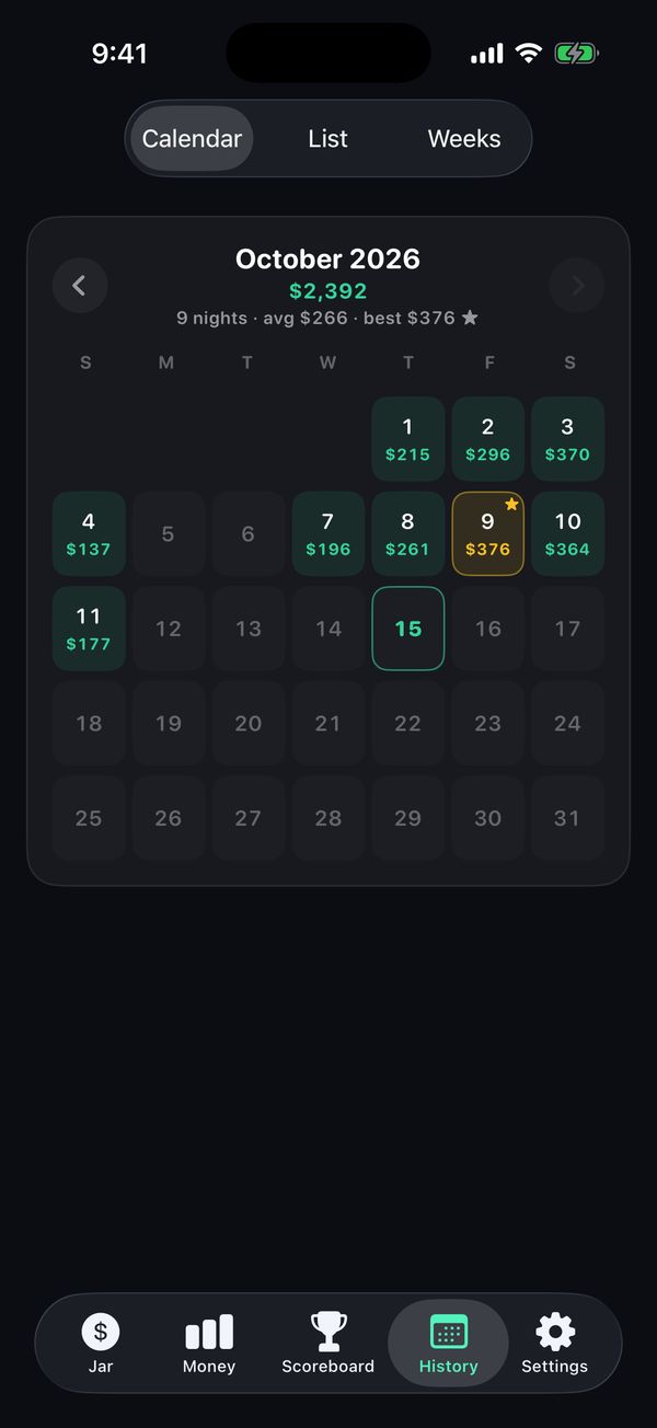 TipKeep's History calendar for October 2026 with each day's walked-with amount